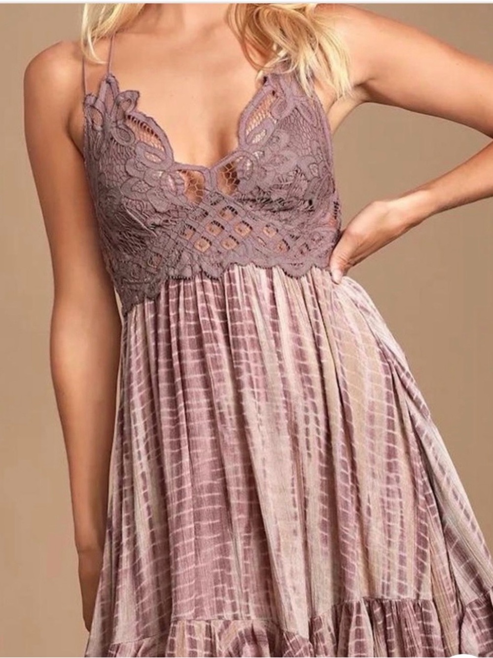 Free People mauve lace-top mini dress, size medium.